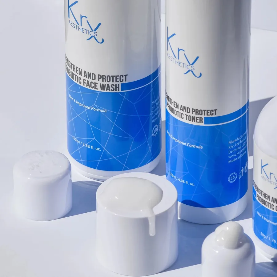 Gamme KRX Strengthen and Protect aux probiotiques : nettoyant, lotion et crème
